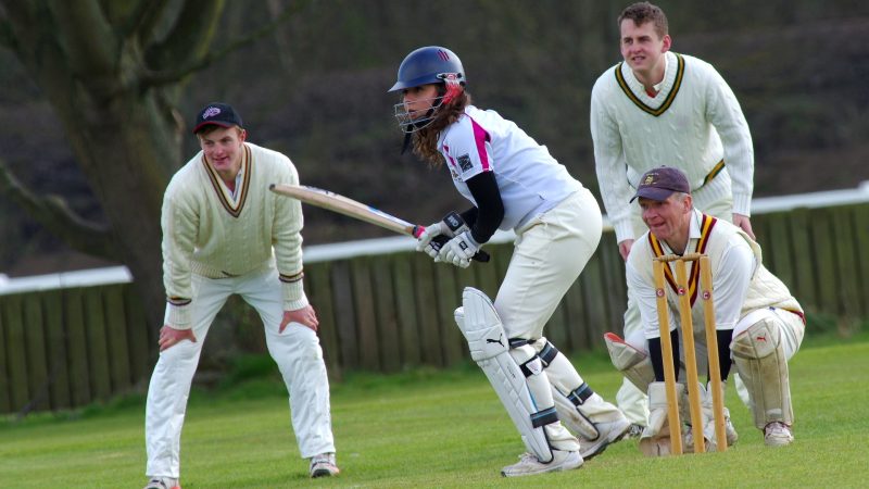 People playing cricket to encourage cricketer